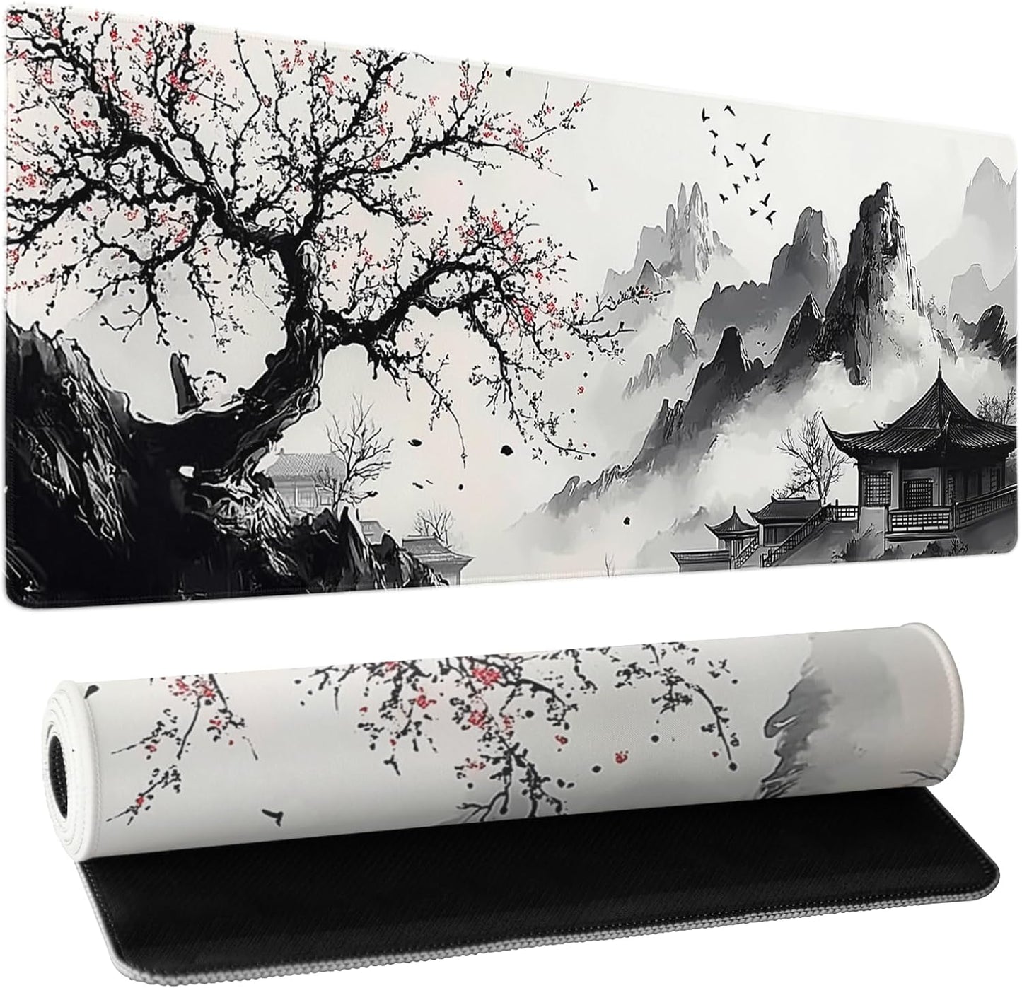 Japanese Cherry Blossom Sakura Large Gaming Mouse Pad 31.5×11.8 Inch XL Extended Waterproof Moudepads Non-Slip Rubber Base Keyboard Mat for Work/Office/Home
