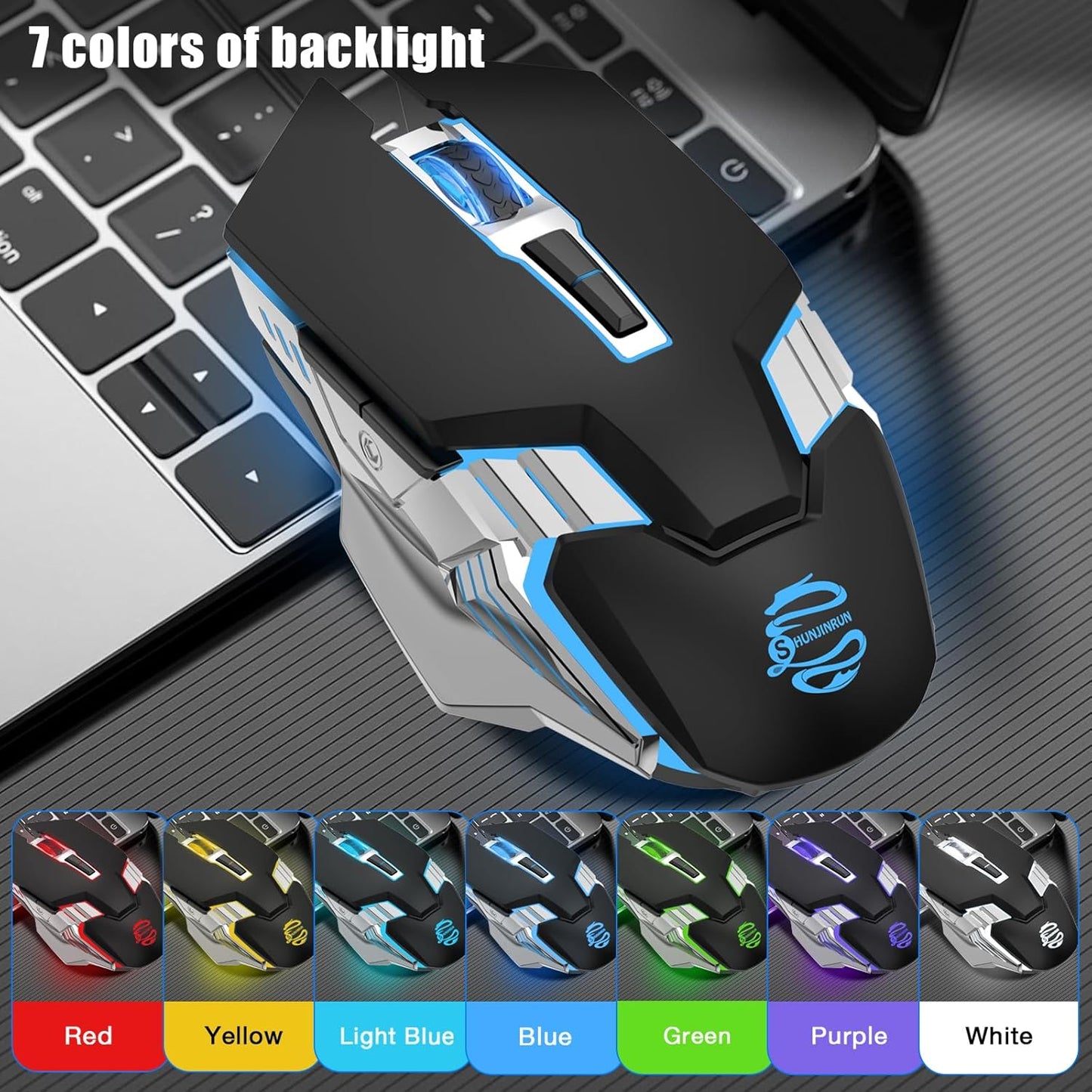 Multi-Device Bluetooth Mouse Wireless, Rechargeable, USB Receiver, 7 Buttons & Silent Click, Ergonomic, 7-Color Backlit, LED Light up Mice for Laptop, Computer, Mac, PC, Chromebook - Black