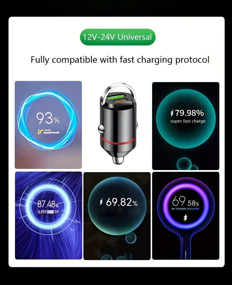 66W Flash Car Charger with Pull Ring - Ultra-Compact PD+USB Dual Port for Rapid Charging - Discreet Mini Design