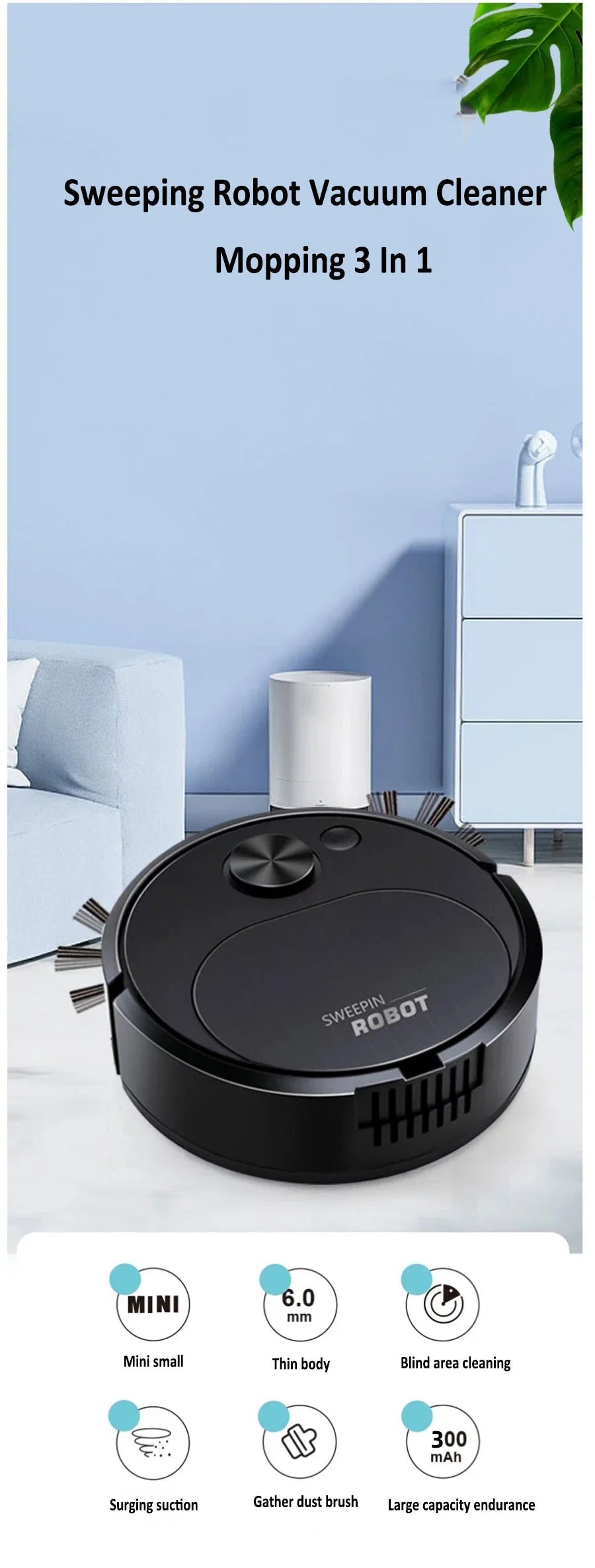 New 3-in-1 intelligent wireless floor sweeping robot vacuum cleaner, suitable for home offices