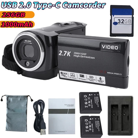 USB 2.0 Type-C Camcorder 50MP 16X Digital Zoom Video Camera 2.7K Digital Video Camera Video Recorder for Travel Recording ﻿