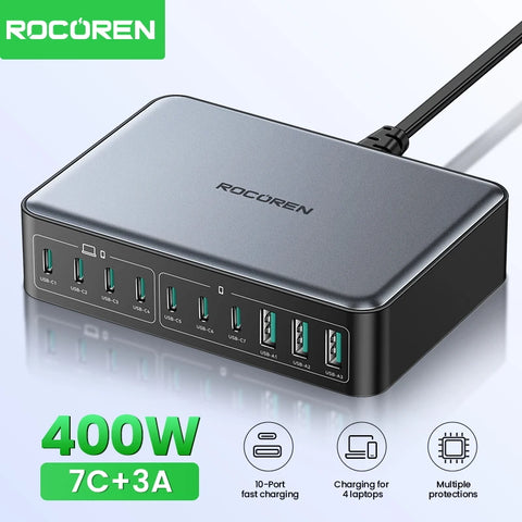 Rocoren 400W USB Type C Fast Charger Portable 200W Desktop Power Station Type-C Gan Charger For iPhone 16 15 Pro Max MacBook Air