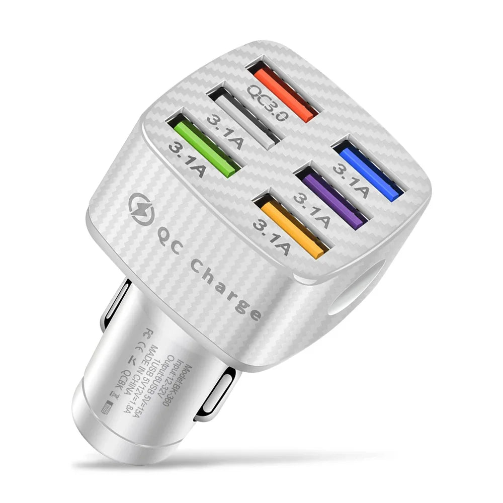 Portable QC3.0 Fast Charging Phone Adapter 6 Ports USB Mobile Phone Car Charger