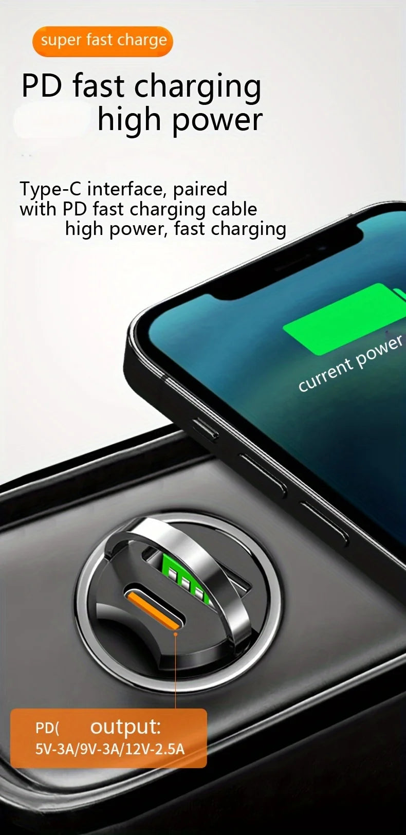 66W Flash Car Charger with Pull Ring - Ultra-Compact PD+USB Dual Port for Rapid Charging - Discreet Mini Design