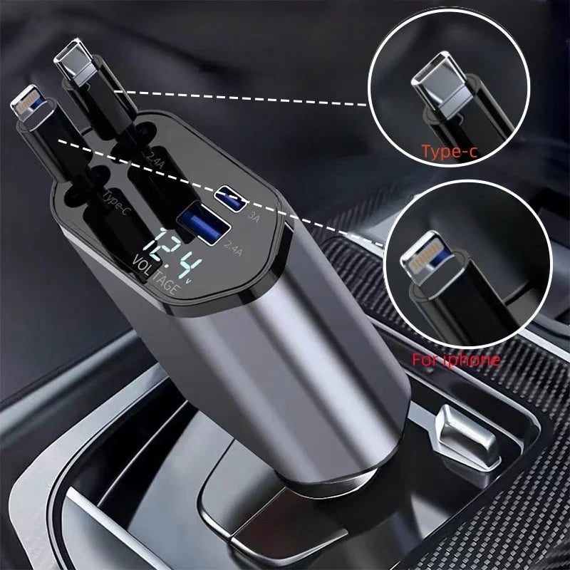 Retractable Car Charger, 4 in 1 Fast Charging Car Charger 120W, Retractable Cable and 2 USB Ports Car Charger Adapter Compatible