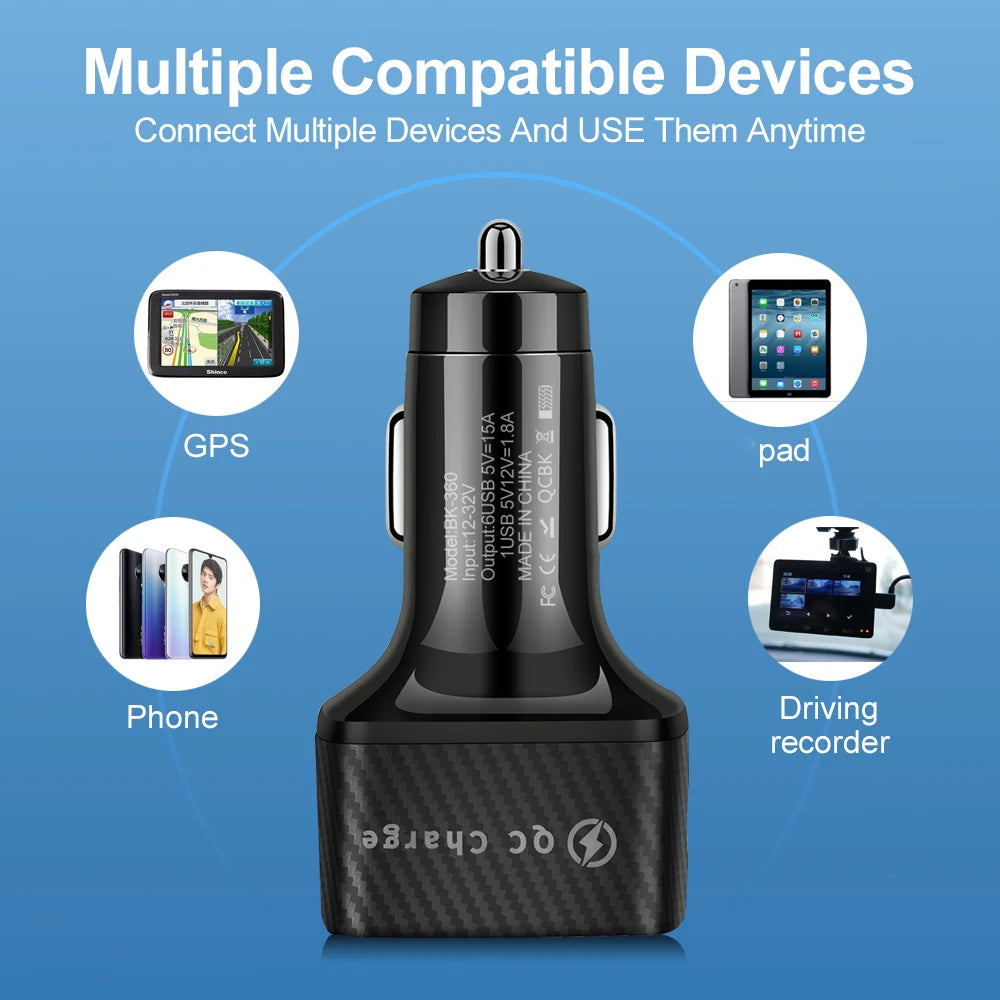 Portable QC3.0 Fast Charging Phone Adapter 6 Ports USB Mobile Phone Car Charger