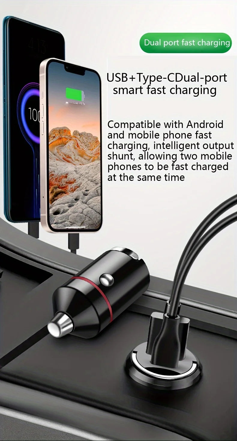 66W Flash Car Charger with Pull Ring - Ultra-Compact PD+USB Dual Port for Rapid Charging - Discreet Mini Design