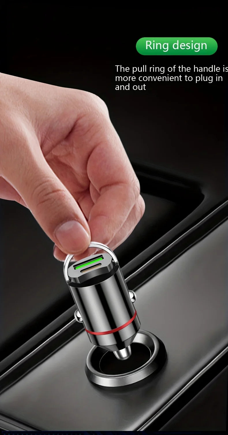 66W Flash Car Charger with Pull Ring - Ultra-Compact PD+USB Dual Port for Rapid Charging - Discreet Mini Design