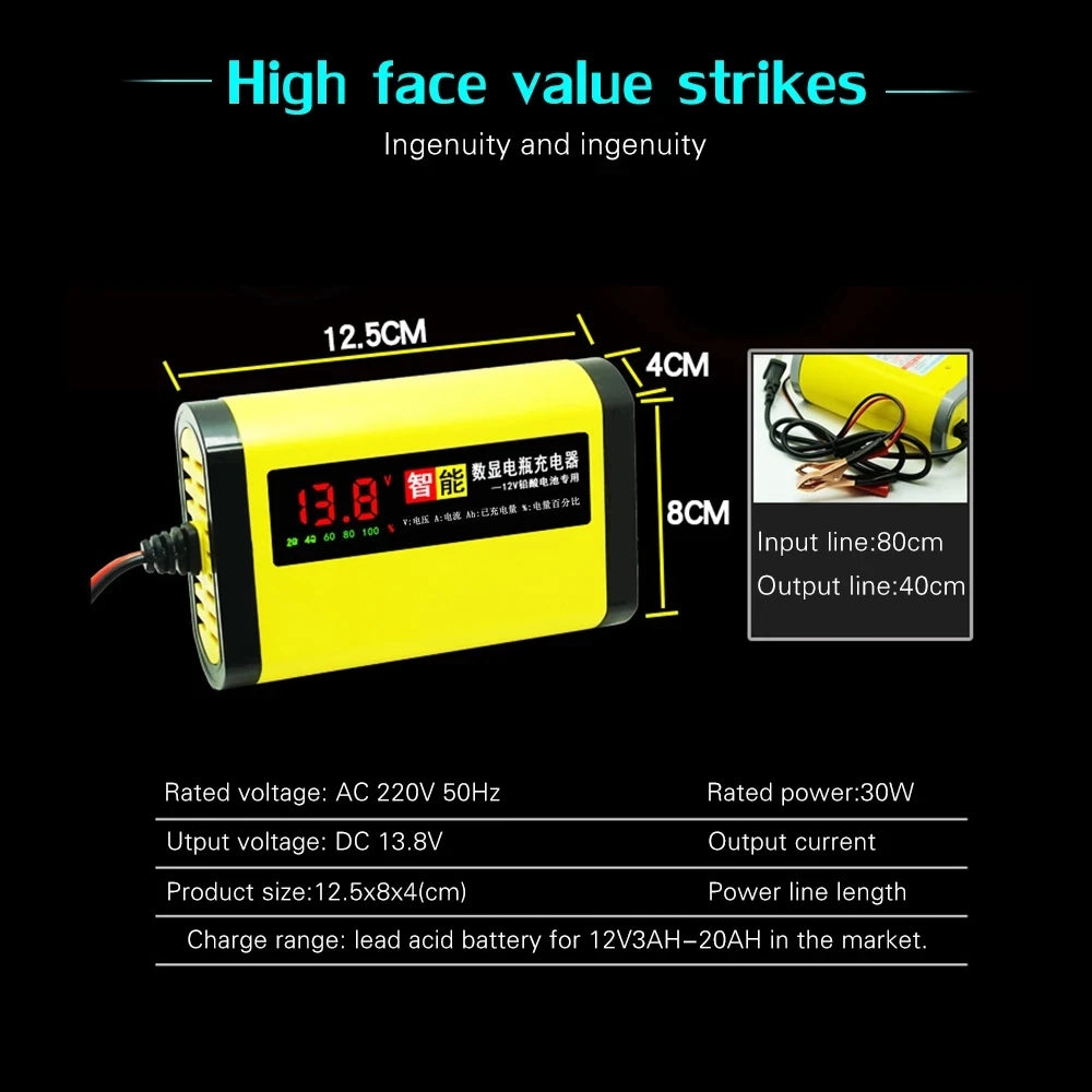 Portable 12V Car Charger LCD Display Fast Charge Adapter EU Plug DC13.8V 2A For Dry Wet AGM GEL Lead Acid Battery Charge