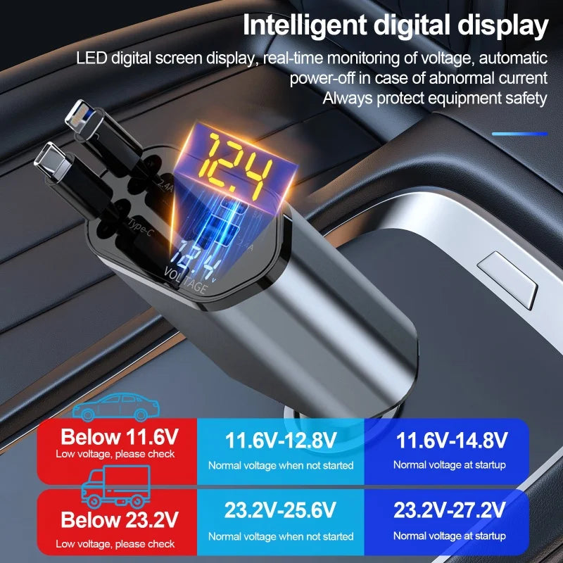 Retractable Car Charger, 4 in 1 Fast Charging Car Charger 120W, Retractable Cable and 2 USB Ports Car Charger Adapter Compatible