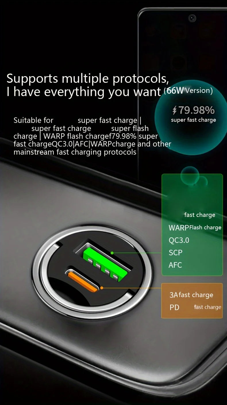 66W Flash Car Charger with Pull Ring - Ultra-Compact PD+USB Dual Port for Rapid Charging - Discreet Mini Design