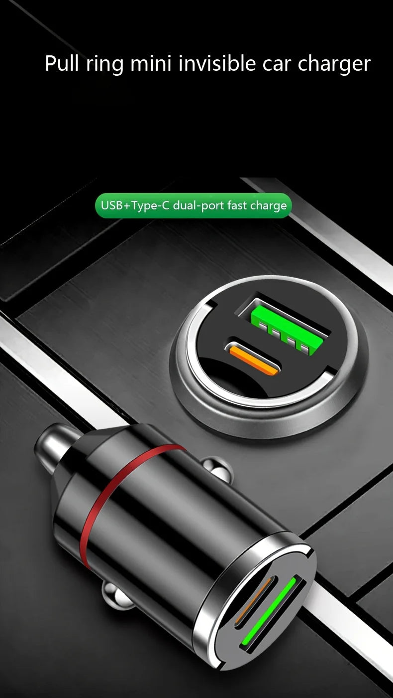 66W Flash Car Charger with Pull Ring - Ultra-Compact PD+USB Dual Port for Rapid Charging - Discreet Mini Design