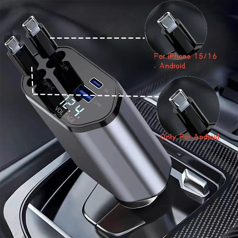 Retractable Car Charger, 4 in 1 Fast Charging Car Charger 120W, Retractable Cable and 2 USB Ports Car Charger Adapter Compatible