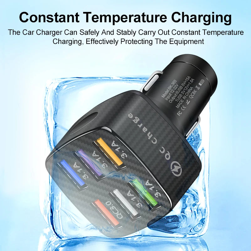 Portable QC3.0 Fast Charging Phone Adapter 6 Ports USB Mobile Phone Car Charger