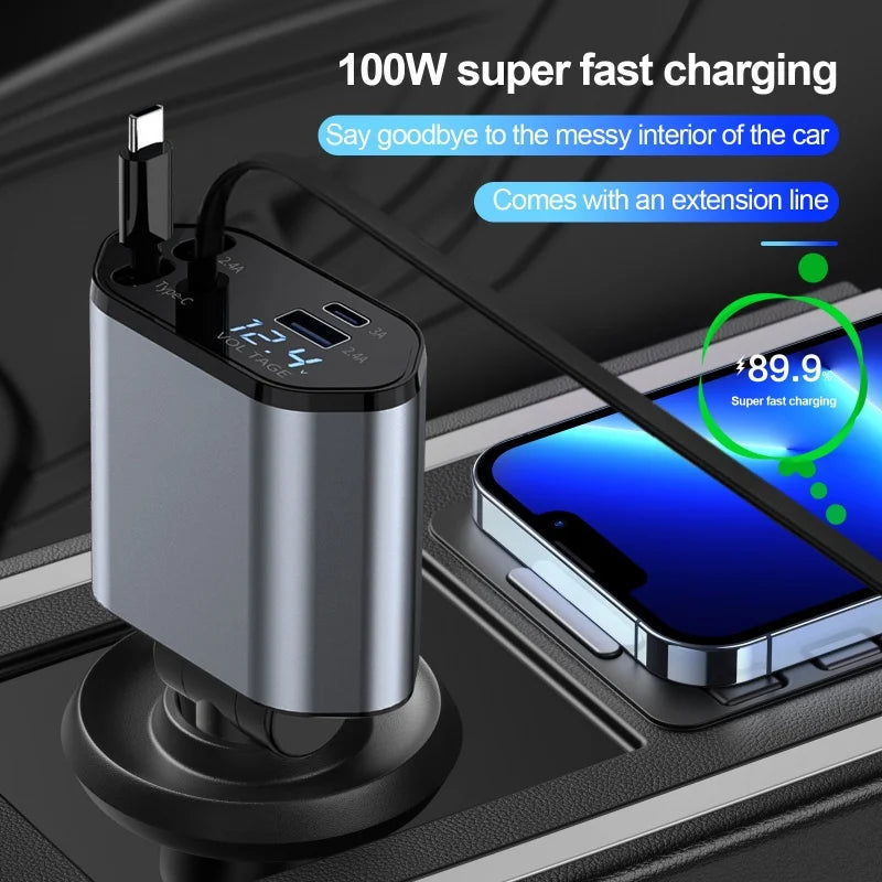 Retractable Car Charger, 4 in 1 Fast Charging Car Charger 120W, Retractable Cable and 2 USB Ports Car Charger Adapter Compatible