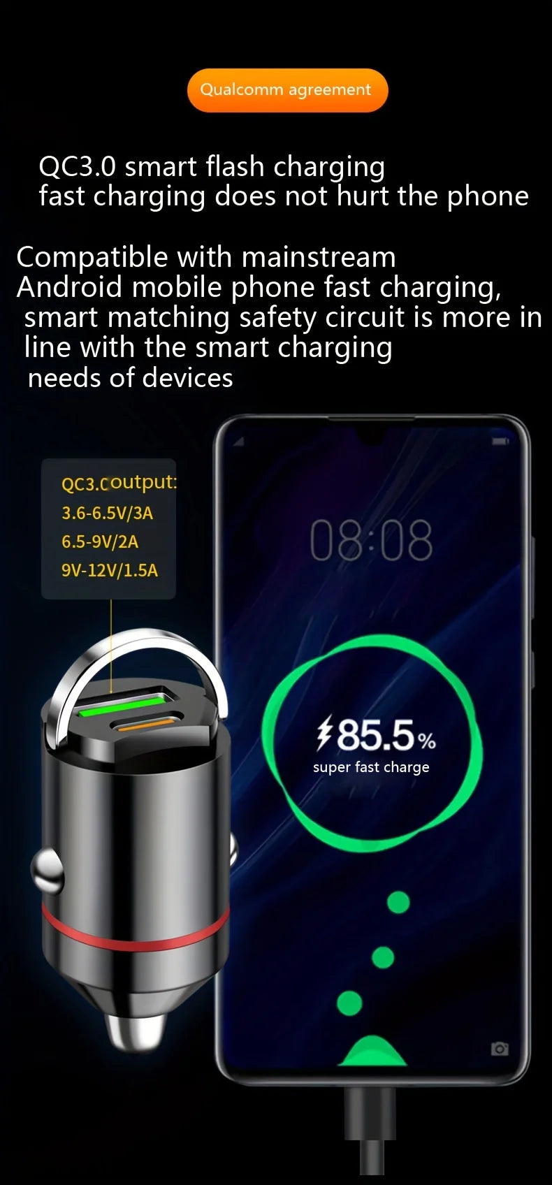 66W Flash Car Charger with Pull Ring - Ultra-Compact PD+USB Dual Port for Rapid Charging - Discreet Mini Design