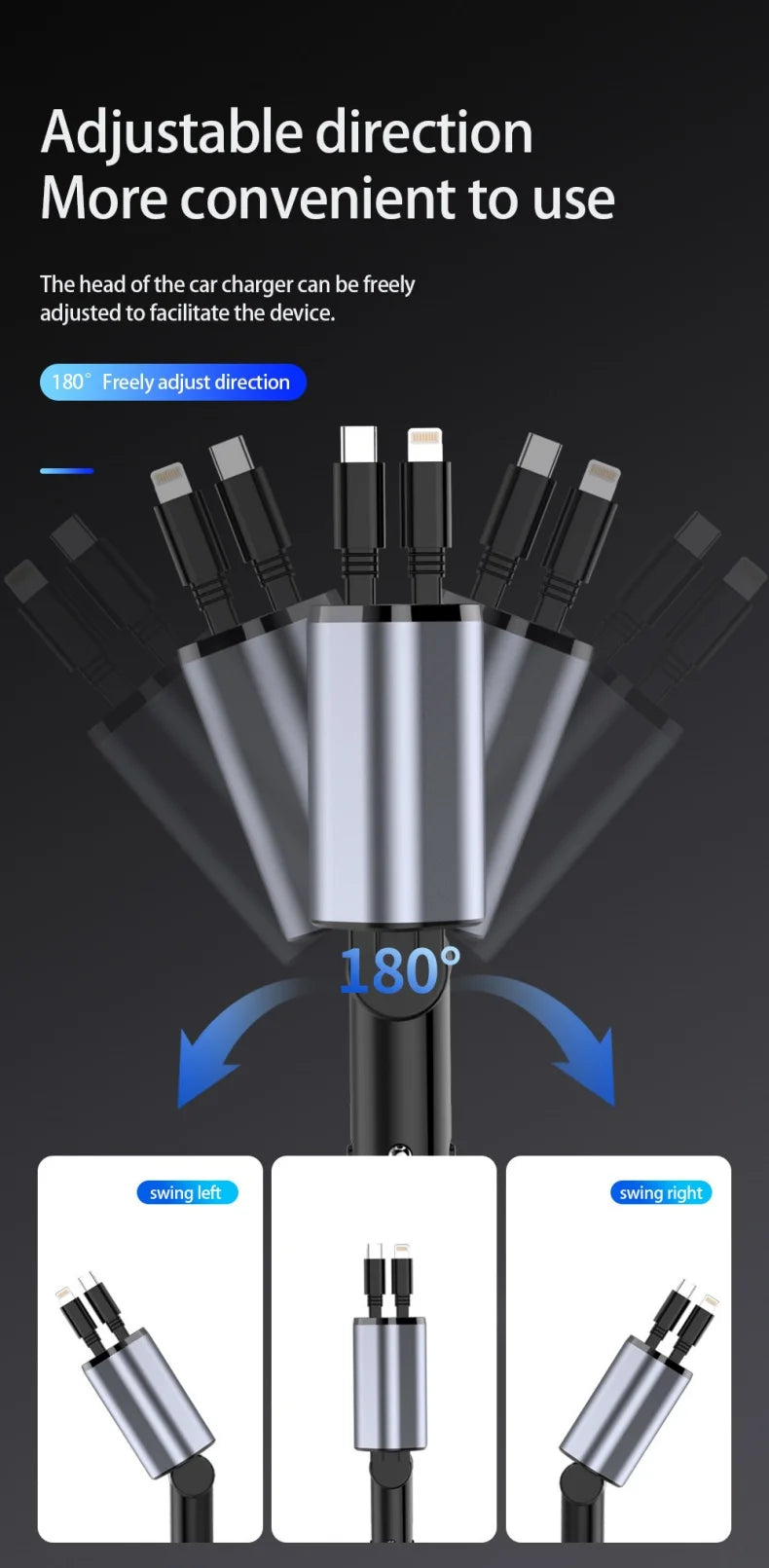 Retractable Car Charger, 4 in 1 Fast Charging Car Charger 120W, Retractable Cable and 2 USB Ports Car Charger Adapter Compatible