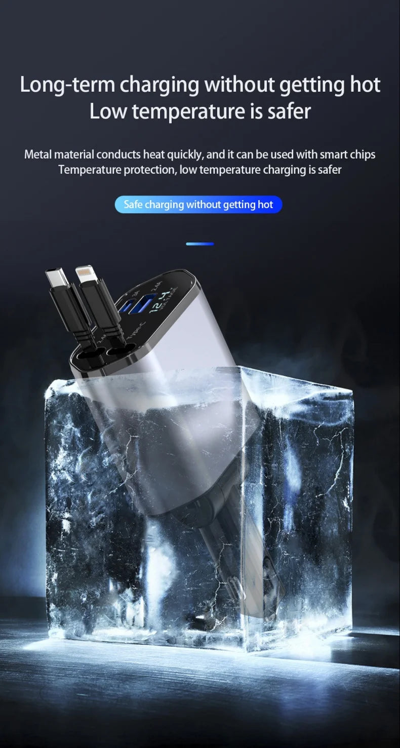 Retractable Car Charger, 4 in 1 Fast Charging Car Charger 120W, Retractable Cable and 2 USB Ports Car Charger Adapter Compatible
