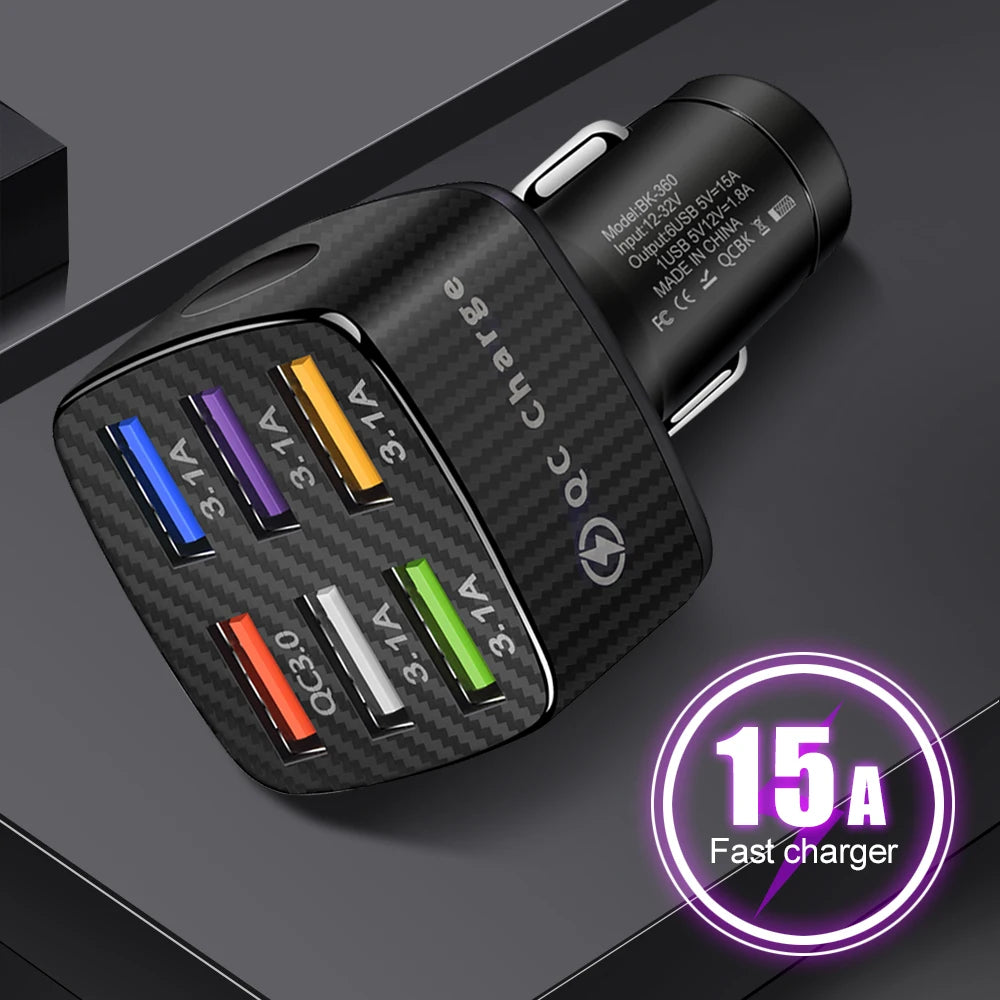 Portable QC3.0 Fast Charging Phone Adapter 6 Ports USB Mobile Phone Car Charger