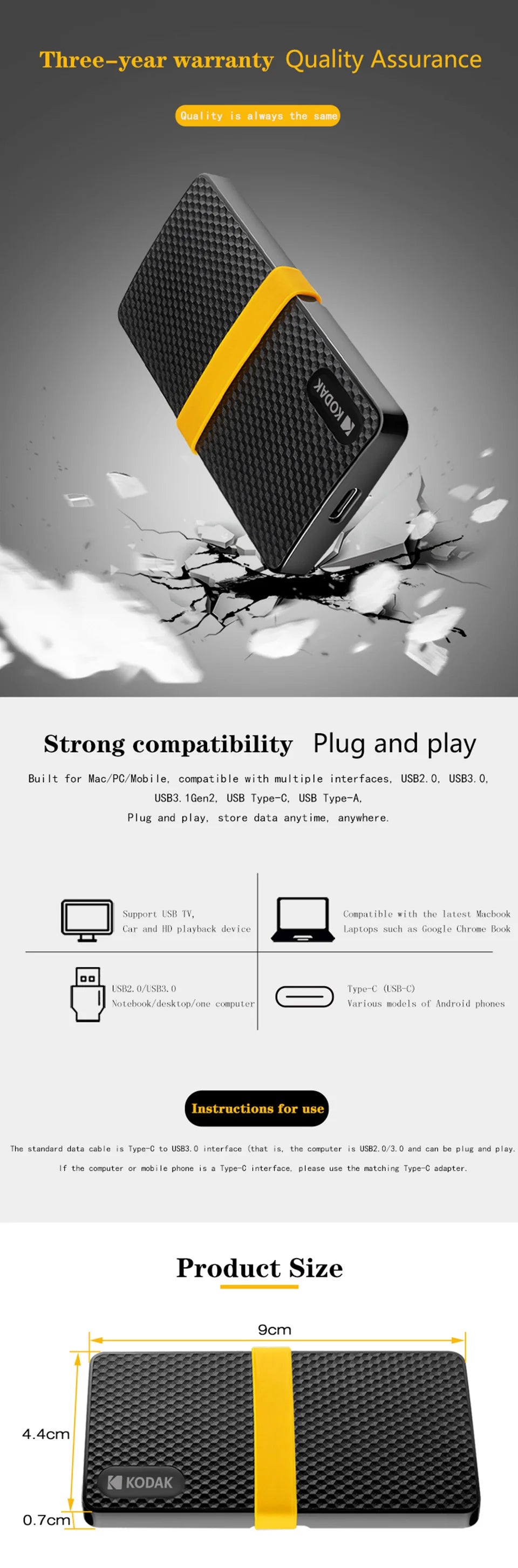 Kodak SSD Portable Drive GEN 2 Mobile Solid State DriveType-C 3.1 Metal PSSD 256GB 512GB 1TB 2TB for PS5 PS4 XBOX Laptop PC