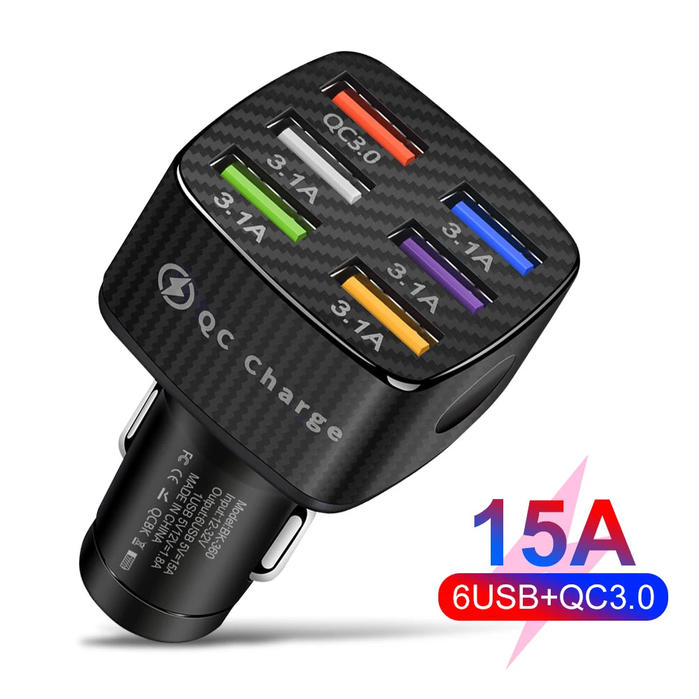 Portable QC3.0 Fast Charging Phone Adapter 6 Ports USB Mobile Phone Car Charger