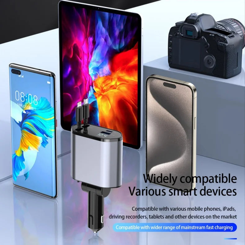 Retractable Car Charger, 4 in 1 Fast Charging Car Charger 120W, Retractable Cable and 2 USB Ports Car Charger Adapter Compatible