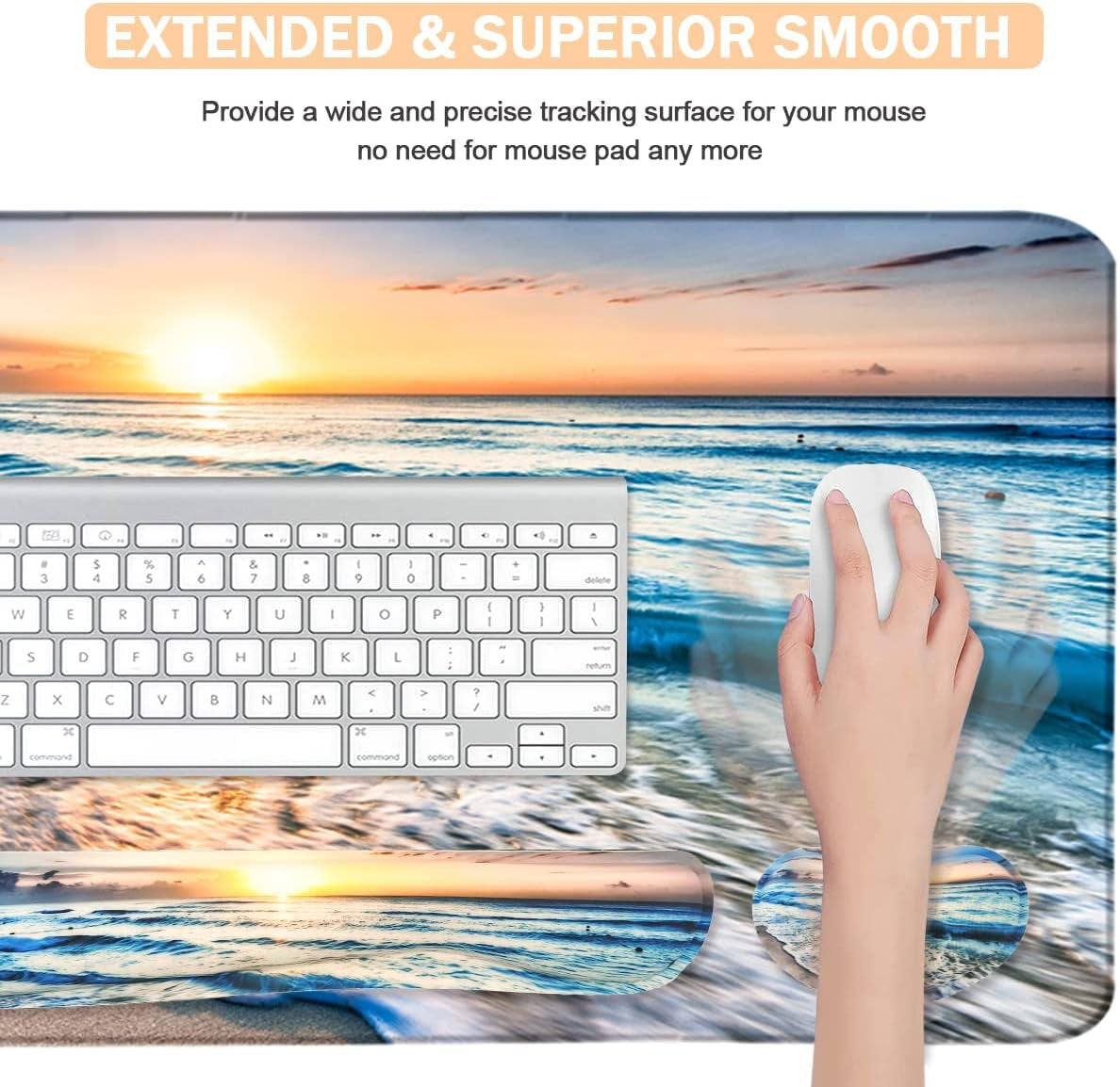 4-In-1 Large Gaming Mouse Pad, Keyboard Wrist Rest Pad & Wrist Support Mousepad Set, Extended Desk Pad Waterproof Desk Mat for Home Office Study Game-Beach