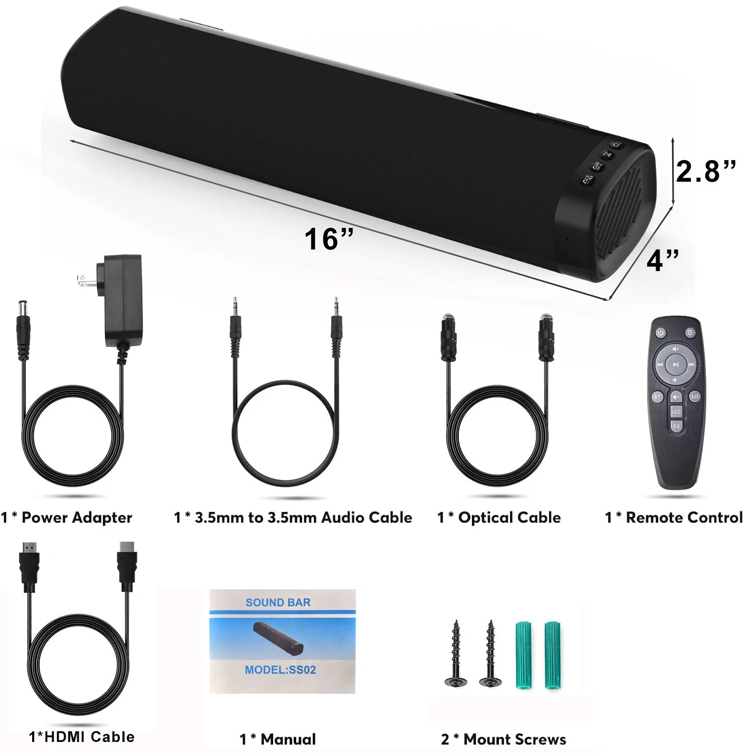 Sound Bar with Subwoofer, Wired & Wireless Bluetooth Soundbar for TV, 3D Surround Home Audio TV Speakers