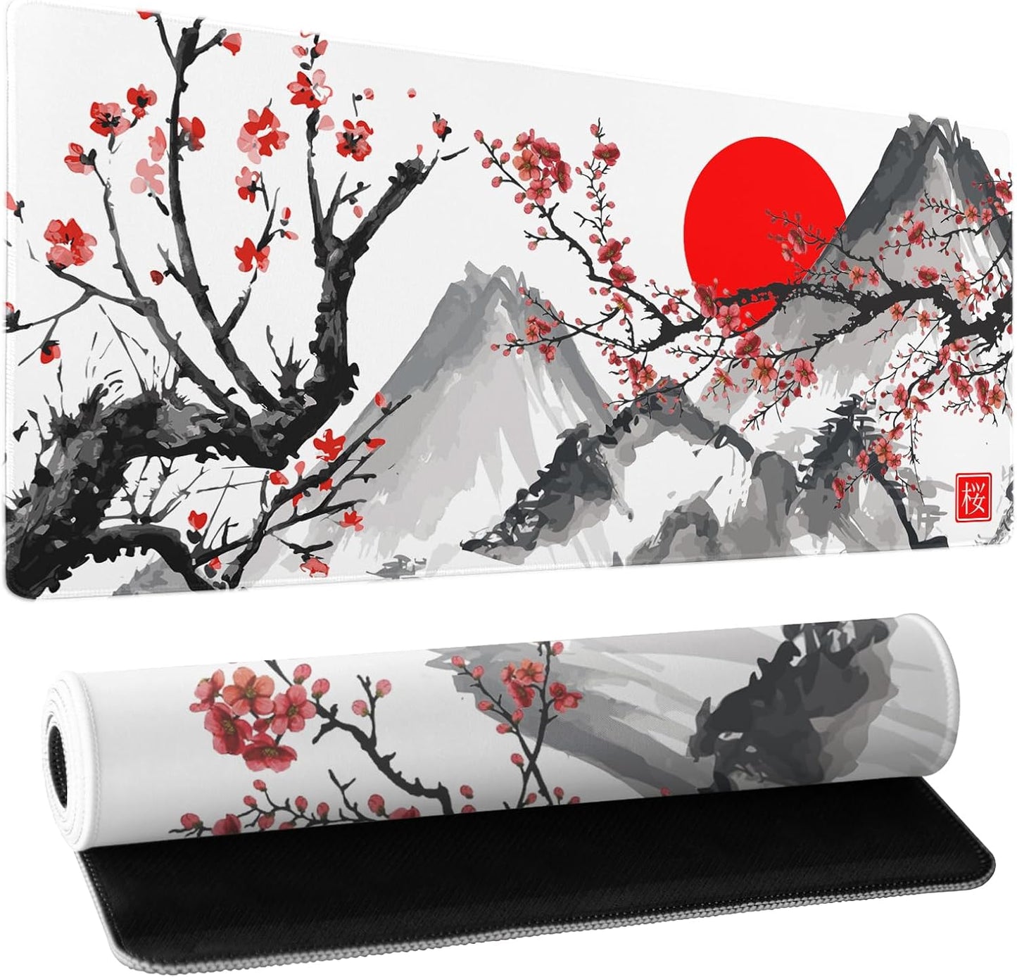 Japanese Cherry Blossom Sakura Large Gaming Mouse Pad 31.5×11.8 Inch XL Extended Waterproof Moudepads Non-Slip Rubber Base Keyboard Mat for Work/Office/Home