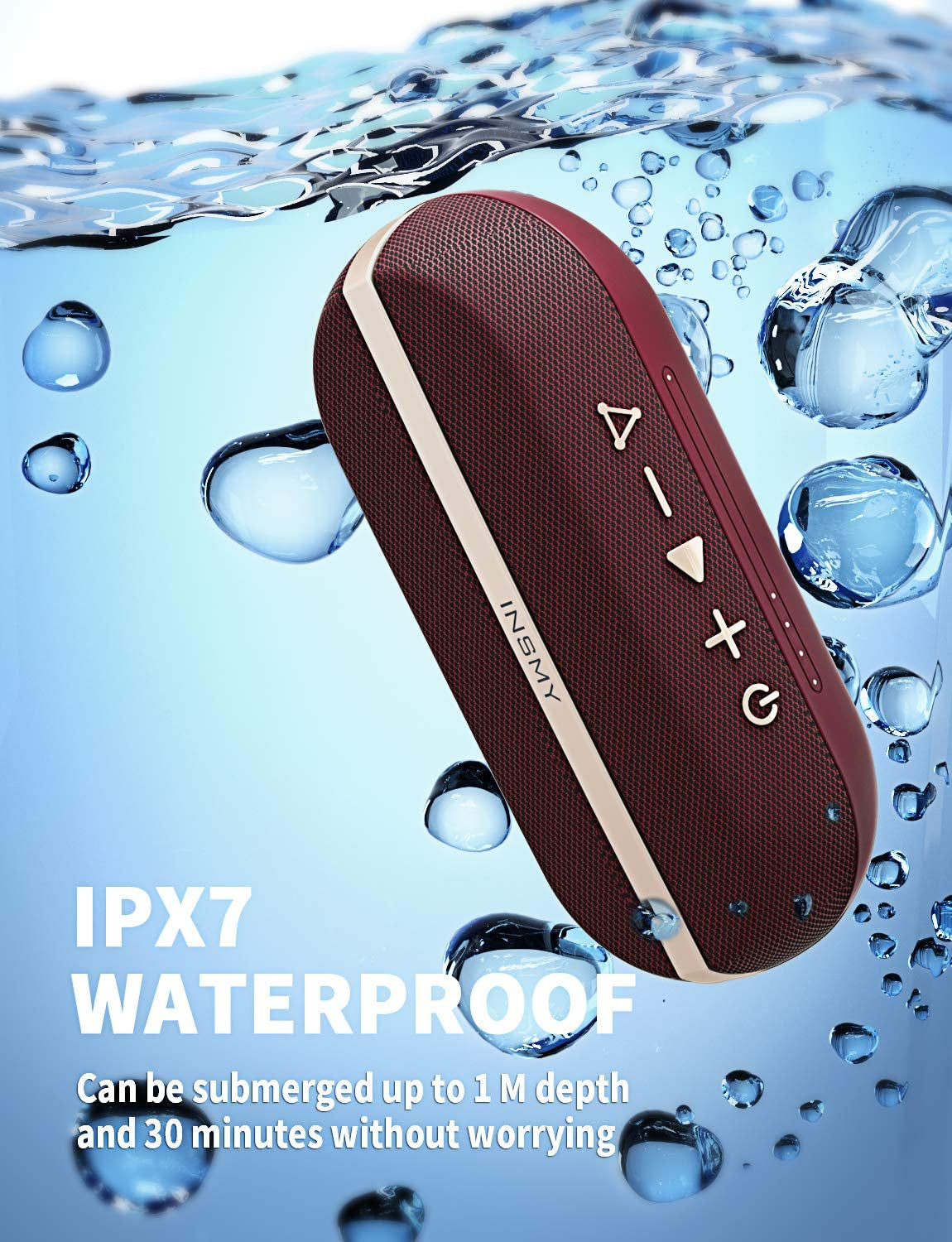 INSMY Portable Bluetooth Speakers, IPX7 Waterproof Floating 20W Wireless Speaker Loud Sound Rich Bass, Stereo Pairing Max 40W, 24 Hours Built-In Mic for Outdoors Camping Pool (Red)