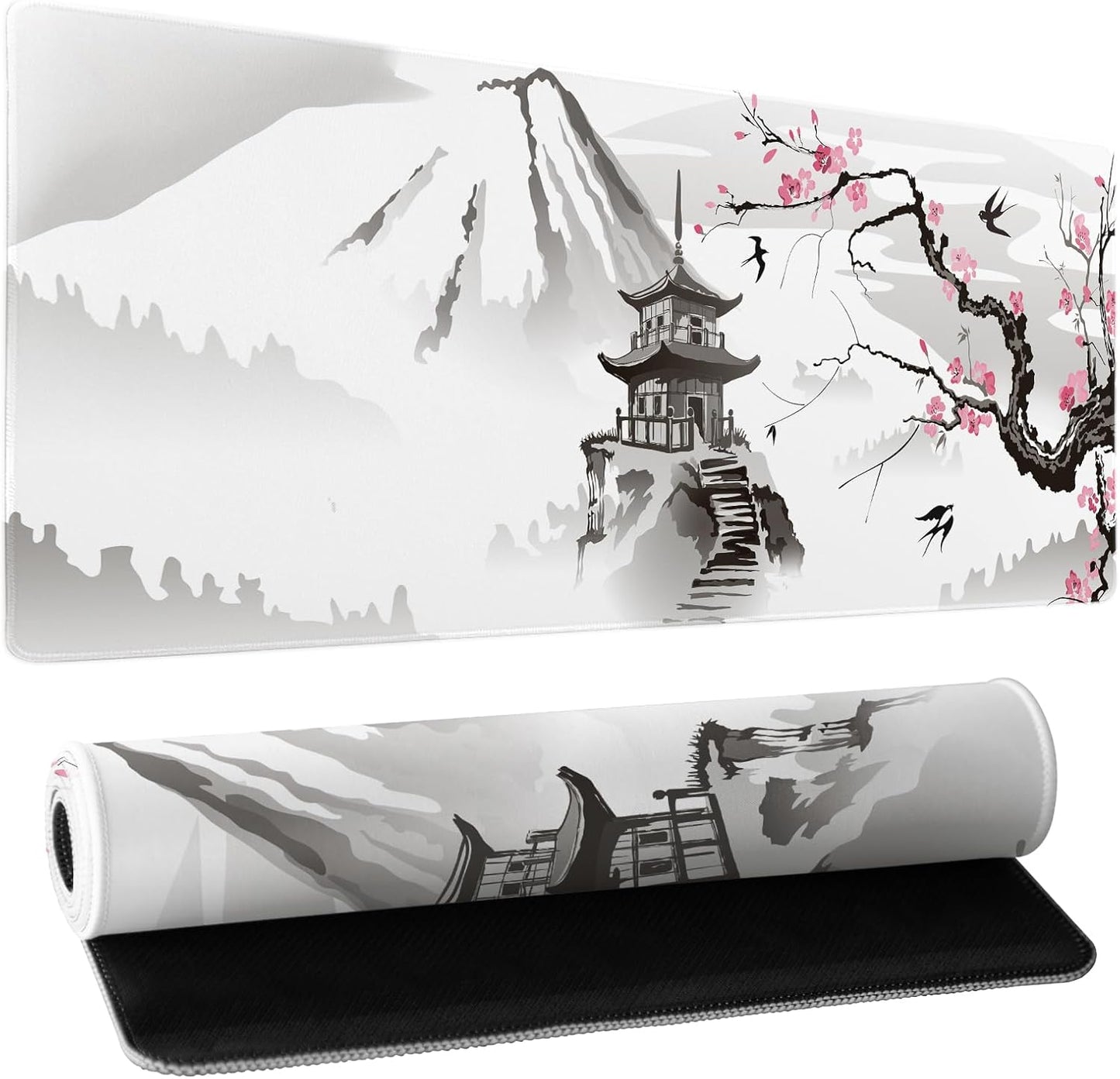 Japanese Cherry Blossom Sakura Large Gaming Mouse Pad 31.5×11.8 Inch XL Extended Waterproof Moudepads Non-Slip Rubber Base Keyboard Mat for Work/Office/Home