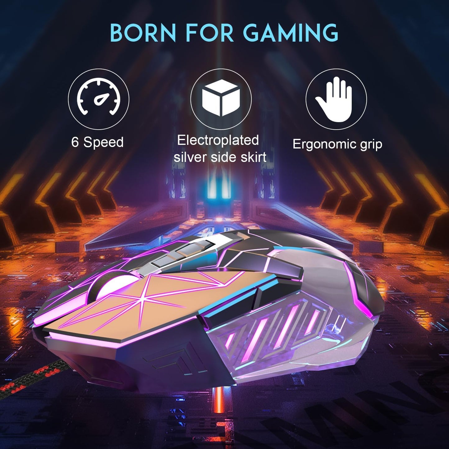 Magegee G10 Gaming Mouse Wired, 7 Colors Breathing LED Backlit Gaming Mouse, 6 Adjustable Speeds, Ergonomic Optical Computer Mouse with 7 Buttons for Windows PC Gamers