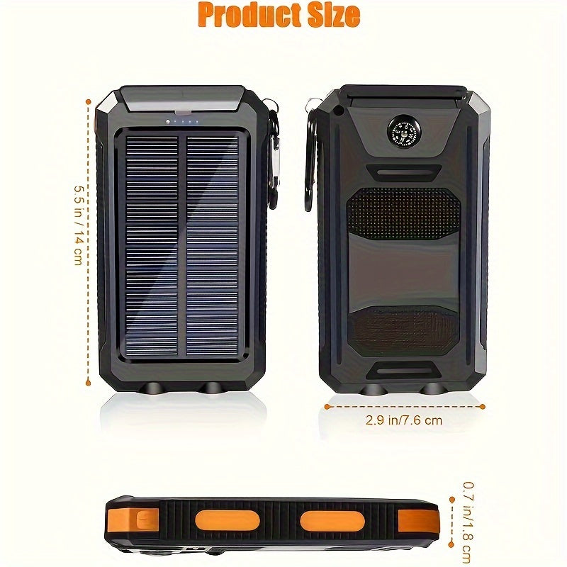 1pc, 8000mAh Solar Power Bank, Solar Charger Portable Charger External Battery Pack USB C Output Port Waterproof Solar Panel Charger With Dual LED Flashlights For IOS, Android And Outdoor Camping