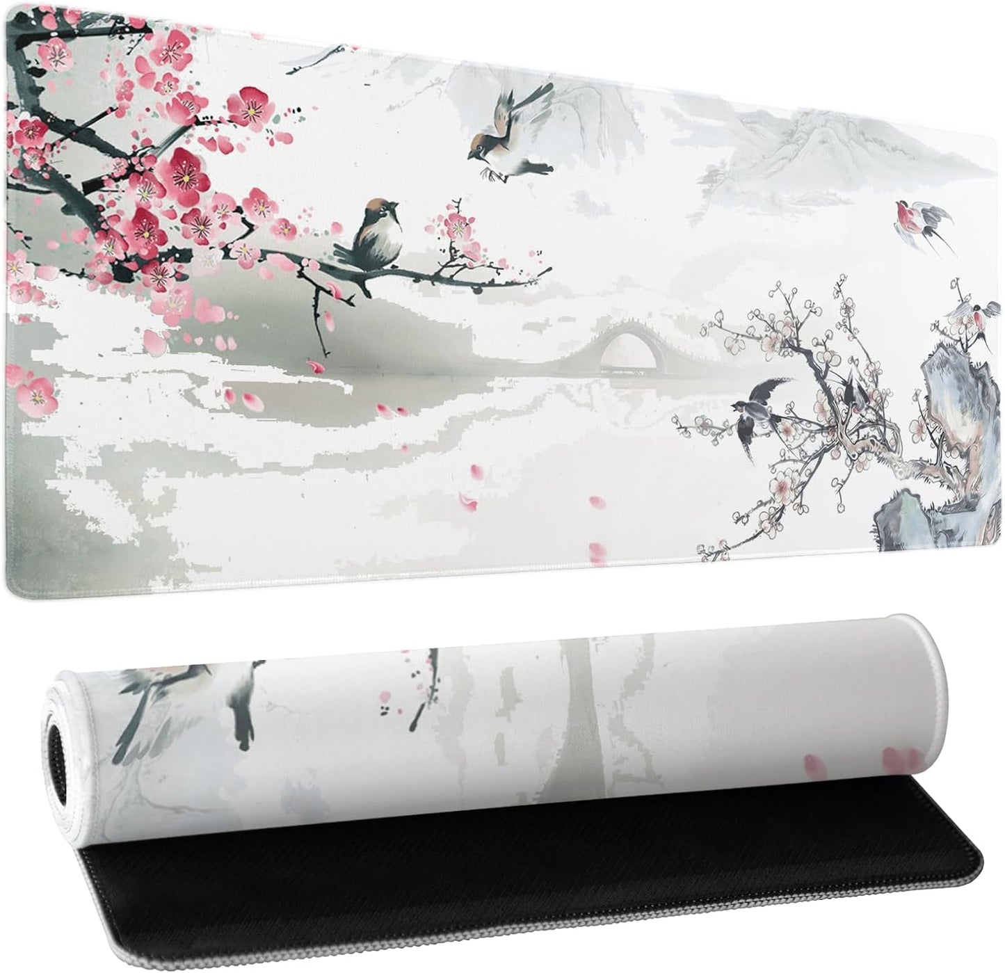 Japanese Cherry Blossom Sakura Large Gaming Mouse Pad 31.5×11.8 Inch XL Extended Waterproof Moudepads Non-Slip Rubber Base Keyboard Mat for Work/Office/Home
