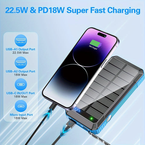 Power Bank Wireless Charger 30000mAh Built In 4 Cables Six Outputs 15W Fast Charging Powe!Bank For All Mobile Devices ThreeInputs Solar Portable Charger WithDual Flashlights