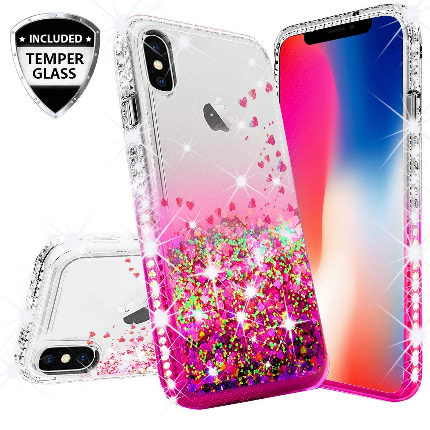 Compatible for Apple Iphone XR Case, with [Temper Glass Screen Protector]  Diamond Glitter Liquid Quicksand Cover Cute Girl Women Phone Case for Iphone XR 6.1 [Cear/Pink]