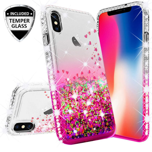 Compatible for Apple Iphone XR Case, with [Temper Glass Screen Protector]  Diamond Glitter Liquid Quicksand Cover Cute Girl Women Phone Case for Iphone XR 6.1 [Cear/Pink]