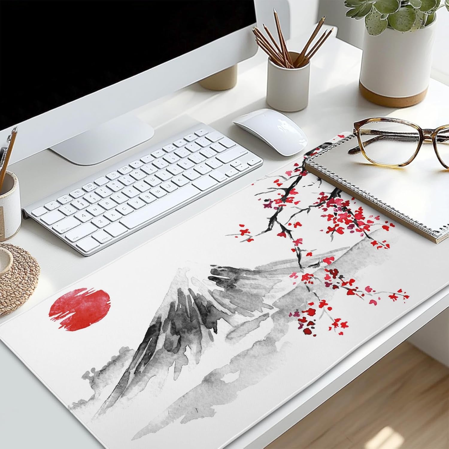 Japanese Cherry Blossom Sakura Large Gaming Mouse Pad 31.5×11.8 Inch XL Extended Waterproof Moudepads Non-Slip Rubber Base Keyboard Mat for Work/Office/Home