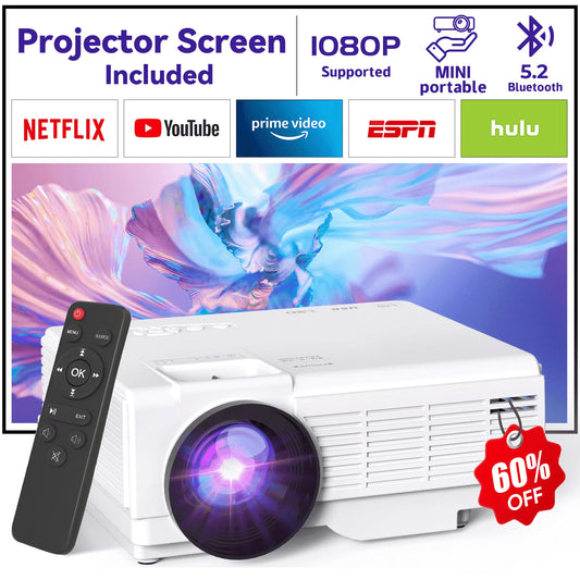 Mini Projector with Bluetooth 5.2 and Screen, HD 1080P Movies Projector, 200" Screen Supported