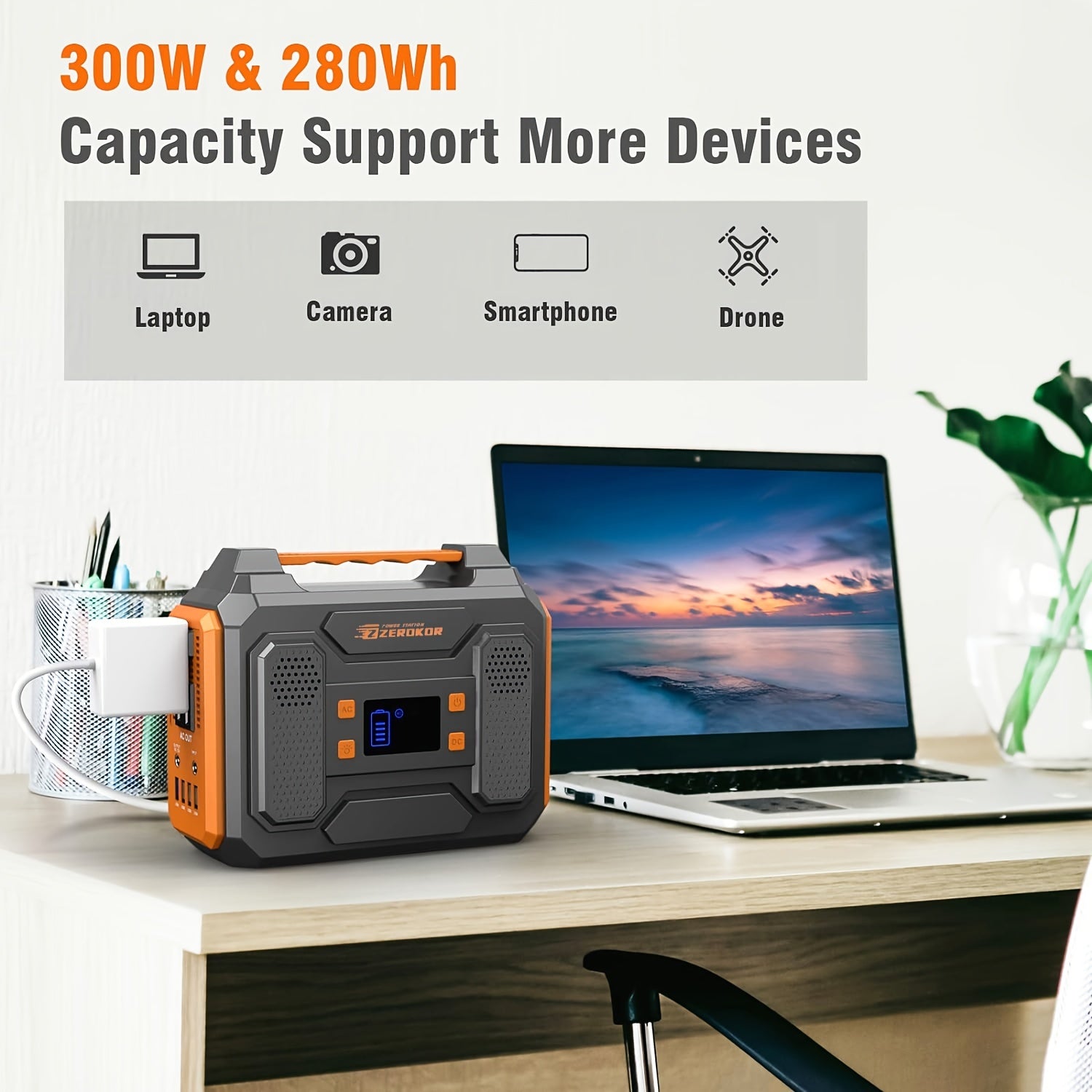 [280Wh Portable Power Station] 300W Portable Power Station - 280Wh Compact Lithium-Ion Battery Charger with Dual 110V AC Outlets, DC & USB QC3.0 Outputs, LED Flashlight, Built-in Cooling Vents for Camping, RV, Emergency Home