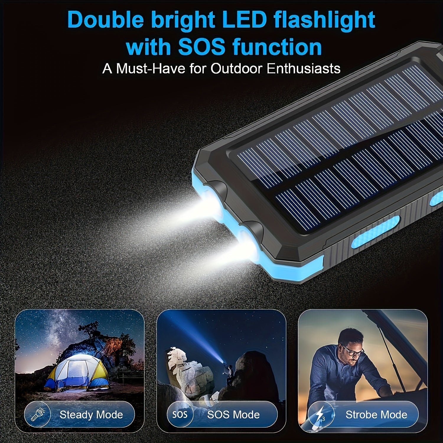 1pc, 8000mAh Solar Power Bank, Solar Charger Portable Charger External Battery Pack USB C Output Port Waterproof Solar Panel Charger With Dual LED Flashlights For IOS, Android And Outdoor Camping