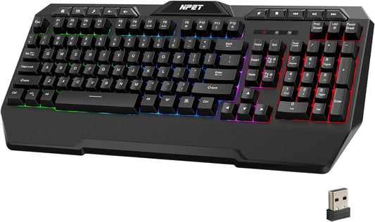 NPET K32 Wireless Gaming Keyboard RGB with Wrist Rest - Long-Lasting Rechargeable Battery - Quick and Quiet Typing - Water Resistant Backlit Wireless Keyboard for PC PS5 PS4 Xbox One Mac - Black
