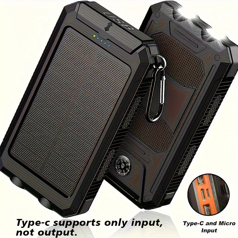 1pc, 8000mAh Solar Power Bank, Solar Charger Portable Charger External Battery Pack USB C Output Port Waterproof Solar Panel Charger With Dual LED Flashlights For IOS, Android And Outdoor Camping