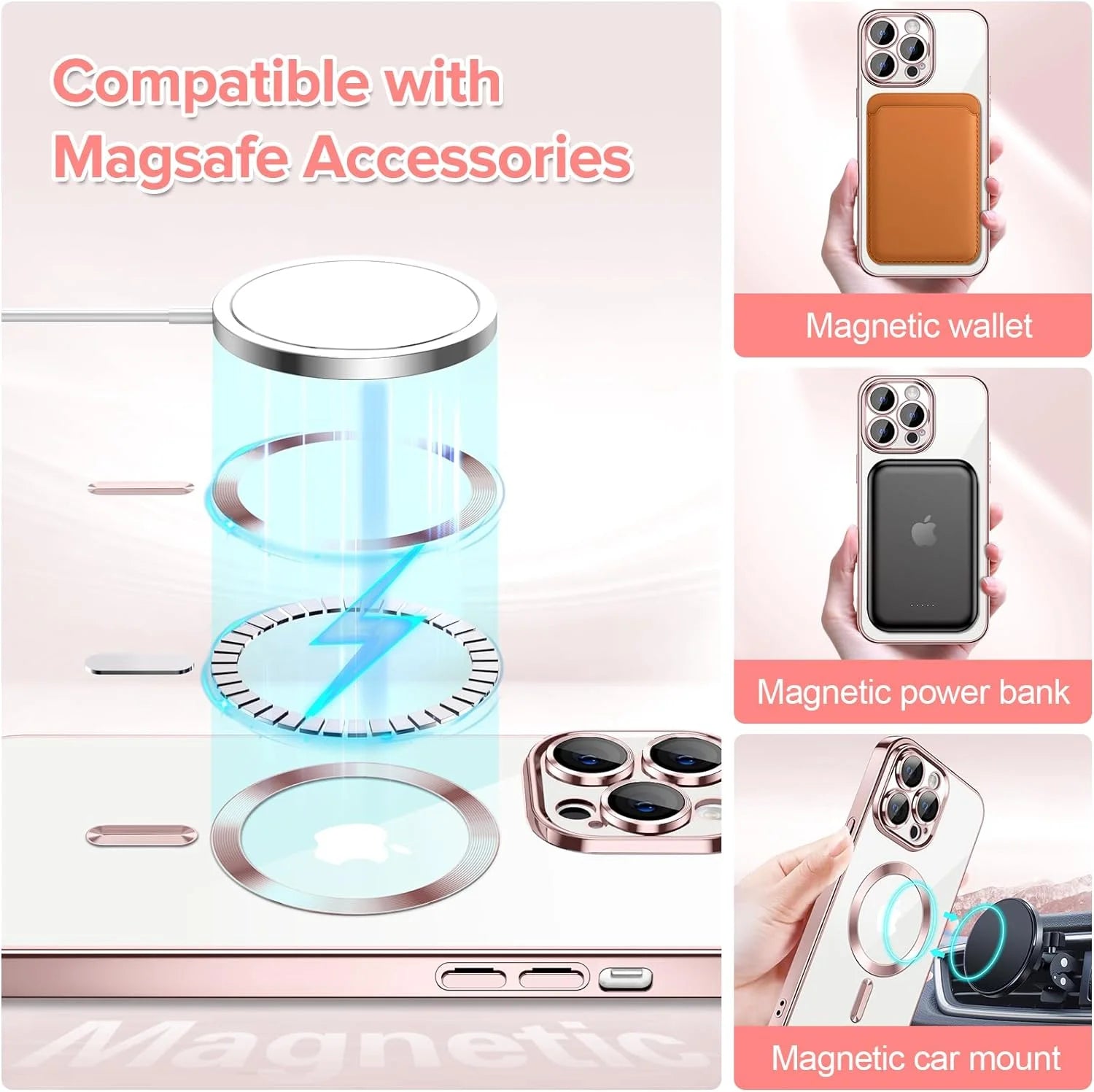 Magnetic Clear Case for Iphone 14 Pro Max, Slim Fit, Anti-Drop Shockproof, Rose