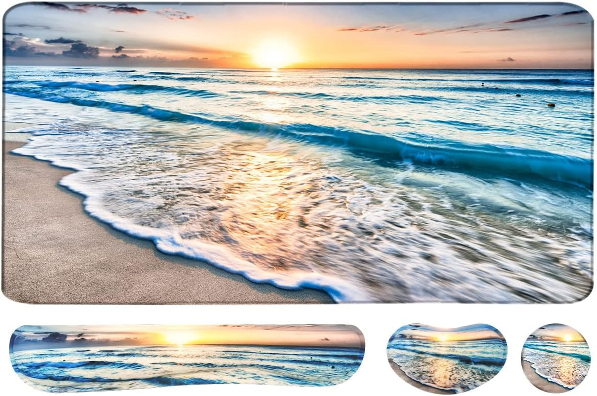 4-In-1 Large Gaming Mouse Pad, Keyboard Wrist Rest Pad & Wrist Support Mousepad Set, Extended Desk Pad Waterproof Desk Mat for Home Office Study Game-Beach
