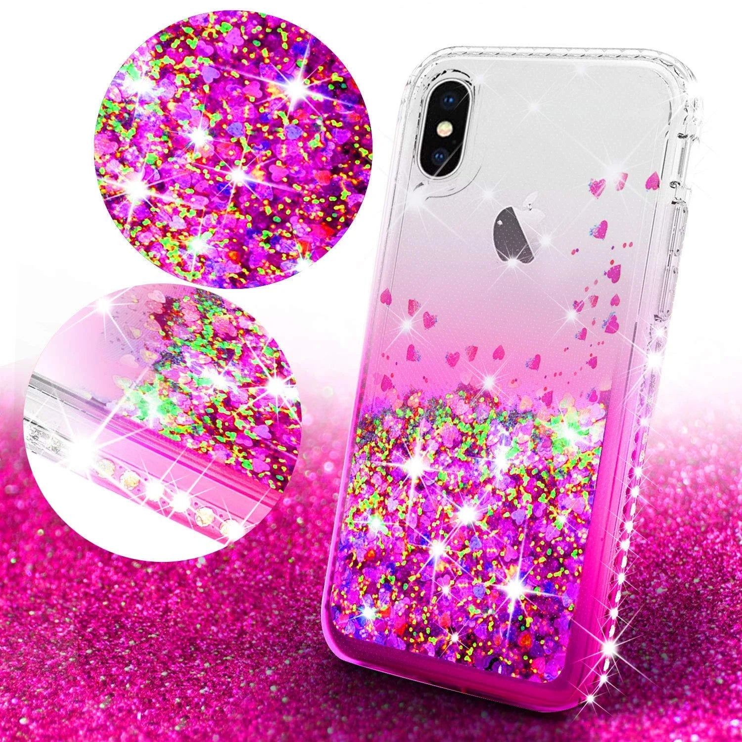 Compatible for Apple Iphone XR Case, with [Temper Glass Screen Protector]  Diamond Glitter Liquid Quicksand Cover Cute Girl Women Phone Case for Iphone XR 6.1 [Cear/Pink]