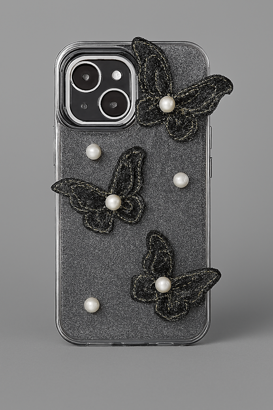 Iphone 16 - Elegant Black Butterfly Phone Case with Pearls and Sparkle